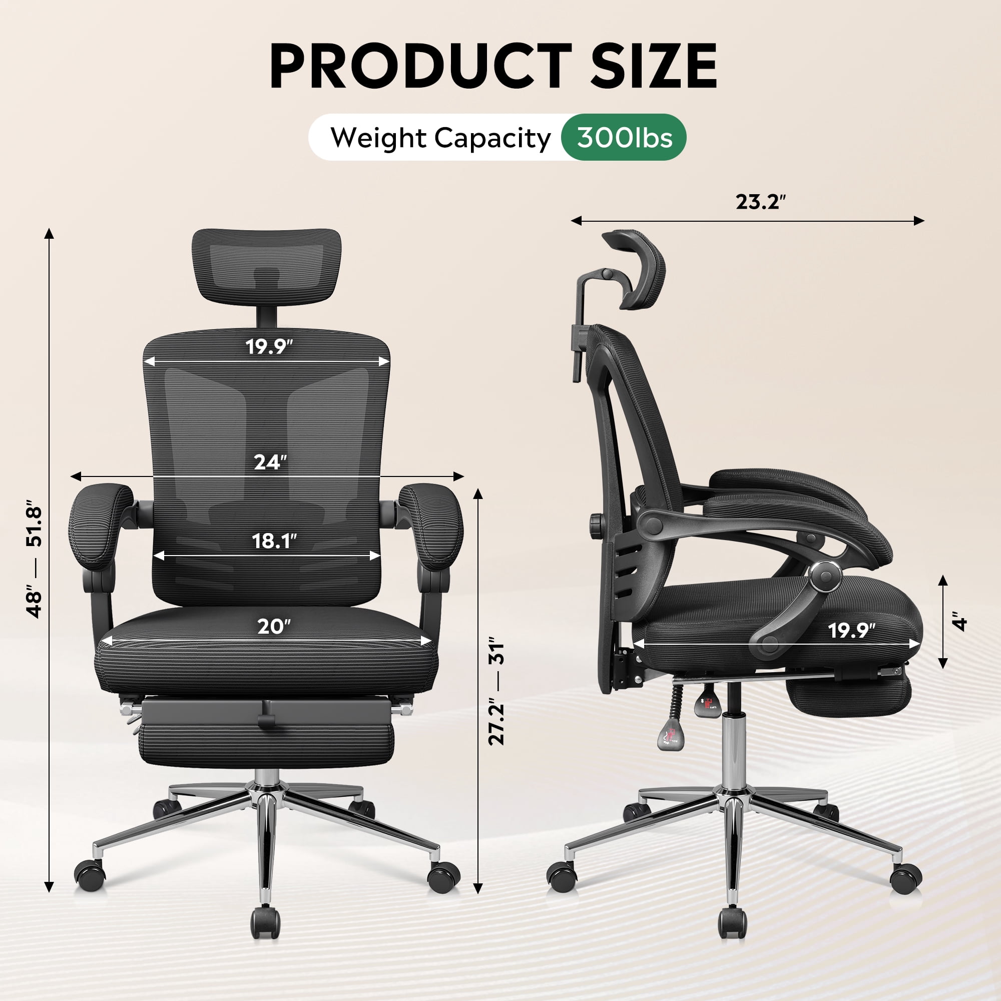 GALAXHERO Ergonomic Big and Tall Office Chair, Mesh Desk Chair with Adjustable Lumbar Support & Footrest, Reclining High Back, SGS Class 4 Gas Lift, for Office & Gaming, Black