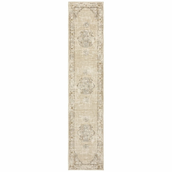 3'x12' Beige and Ivory Center Jewel Runner Rug