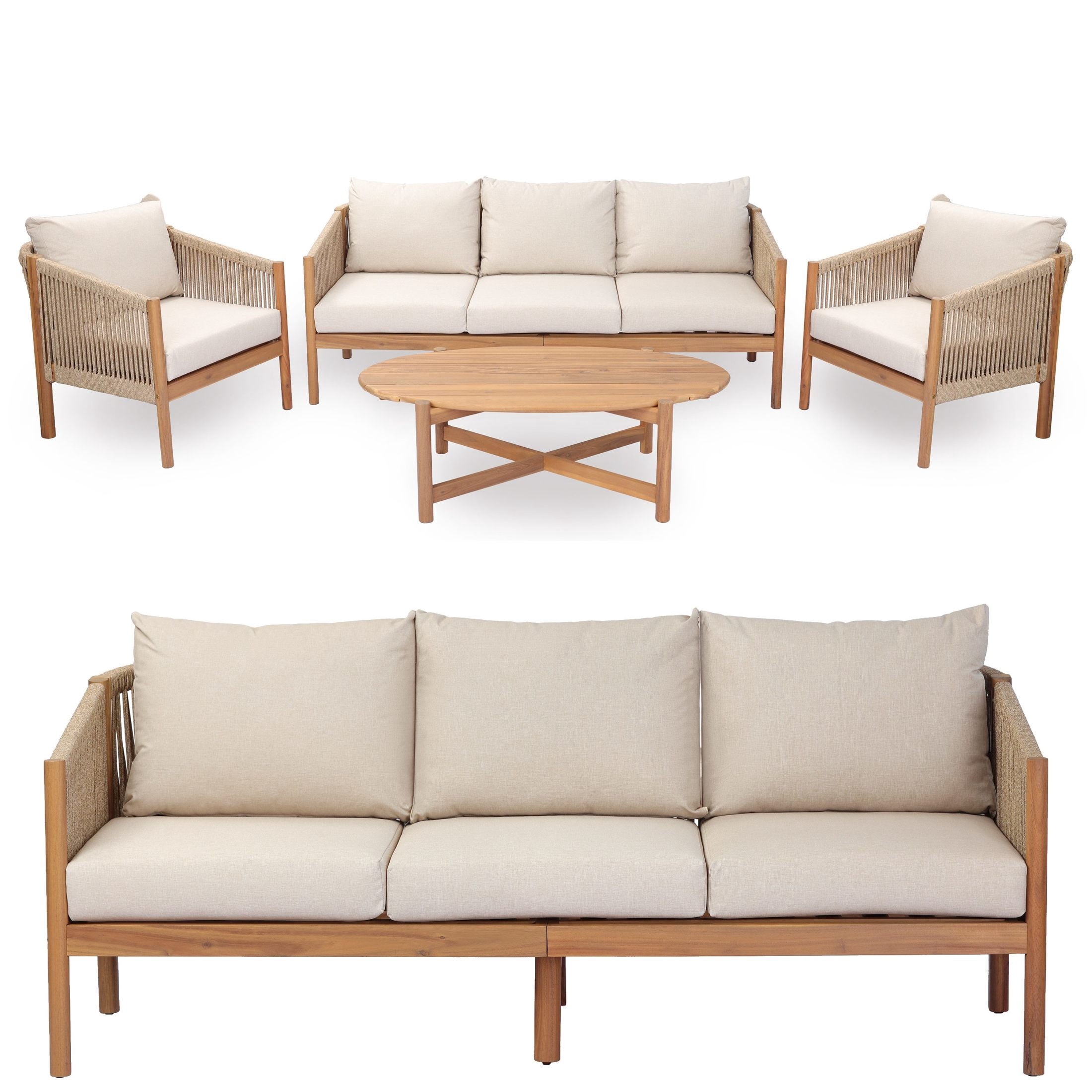 Christopher Knight Home 5-Piece Outdoor Sofa Set with Table, Acacia Wood Frame, Rope Back, Light Teak+Beige