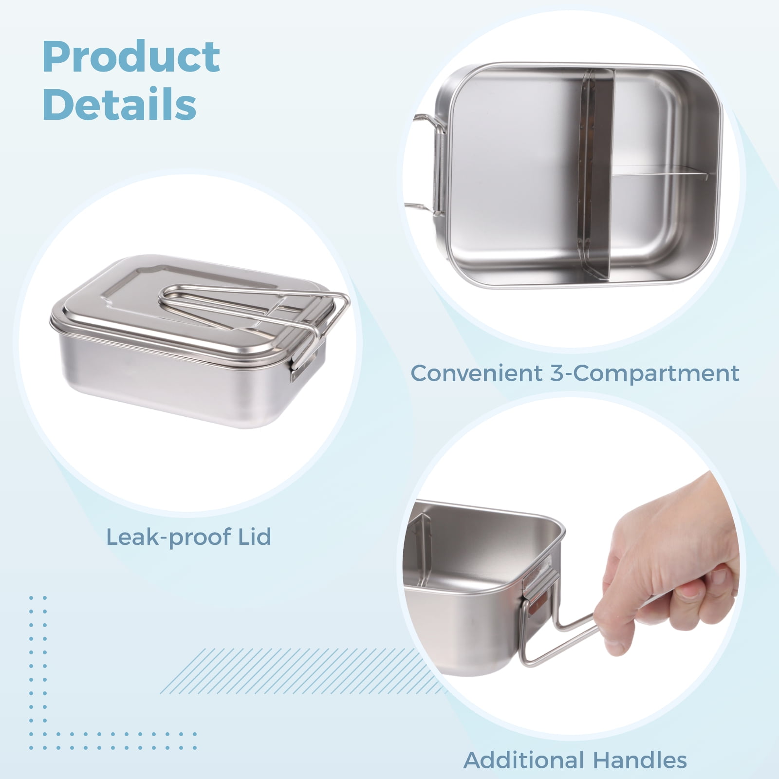 2PCS 304 Stainless Steel Bento Box, 40oz 3-Compartment Metal Lunch Container with Fork and Spoon, Leak Proof Metal Lunch Container for Youngsters and Adults