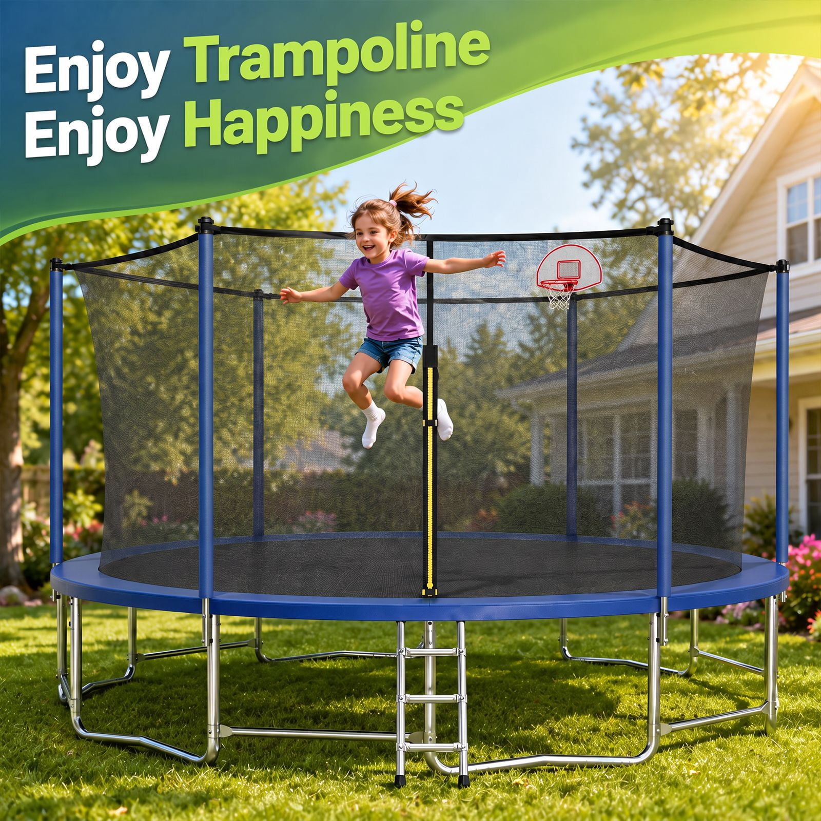 Alvantor 16Ft Trampoline for Kids & Adults, Upgrad Trampolines with Enclosure Net and Basketball Hoop for Backyard Blue
