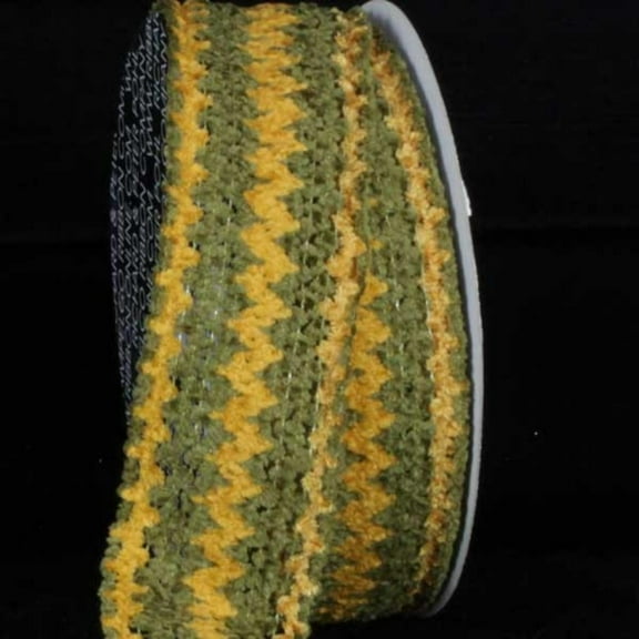 The Ribbon People Sage Green and Yellow Chevron Striped Chenille Wired Craft Ribbon 2.5" x 20 Yards
