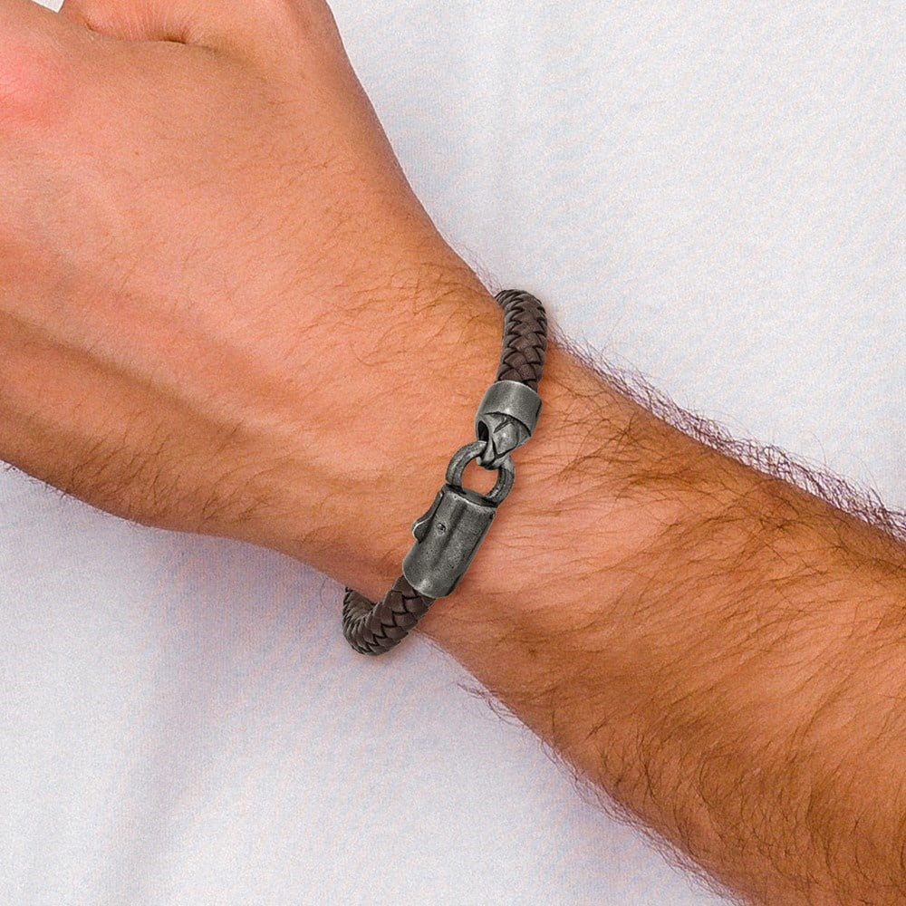 Diamond2Deal Stainless Steel Antiqued White Bronze-Plated Brown Braided Leather Bracelet for Men 8.25"