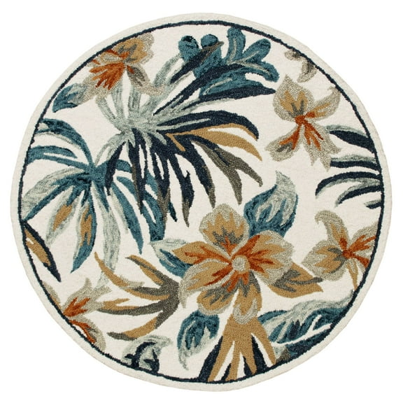 Laddha Home Designs 4' White and Blue Tropical Floral Hand Tufted Round Area Throw Rug