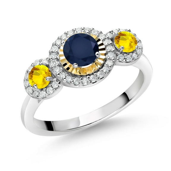 Gem Stone King 0.83 Ct Round Blue Sapphire Yellow Sapphire 925 Silver and 10K Yellow Gold 3 Stone Women's Lab Grown Diamond Ring (Size 7)