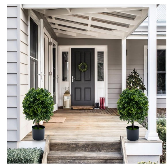 Set of 2 Artificial Boxwood Topiary Ball Trees – Lifelike Faux Plants, Maintenance-Free, Potted for Indoor Outdoor Home Decor – No Fruits – Dark Green, Without Fruit 20in