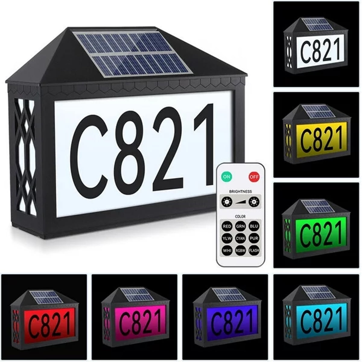 House Numbers Solar Powered Address Sign Light with Remote Control for Outside Home Street Garden Driveway Yard, LED Waterproof Illuminated Address Plaques 7 Color RGB Solar House Number Lamp