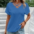 thumbnail image 5 of Penkiiy Womens Summer Eyelet Tops Trendy Criss Cross V Neck Solid Color Shirts Casual Short Sleeve Soft Elegant Tees Tunics 2XL Blue, 5 of 8