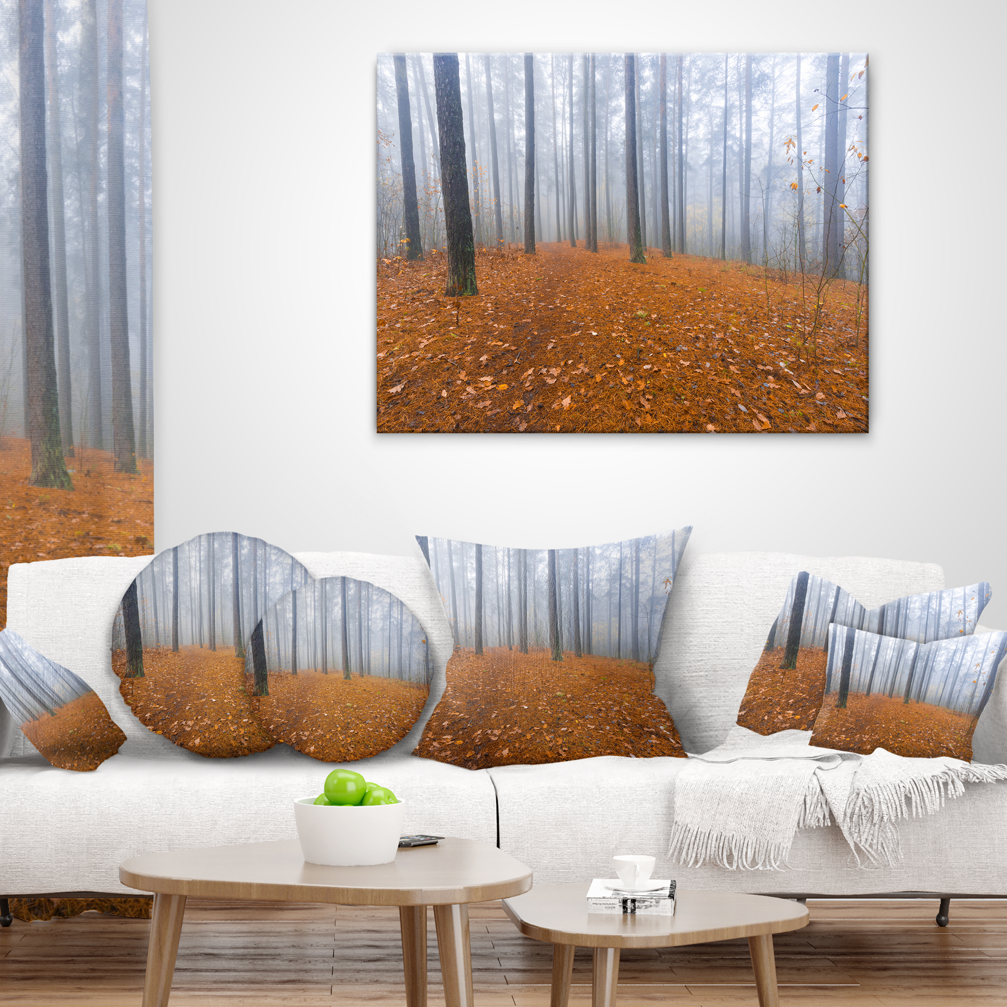 Designart Foggy Forest and Fallen Leaves - Modern Forest Throw Pillow - 18x18