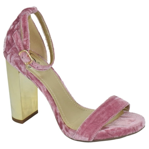 Delicious Women Thick Block Chunky High Heels Ankle Strap Open Peep Toe SHINY-S Velvet Pink Mauve / Gold Heel 5.5