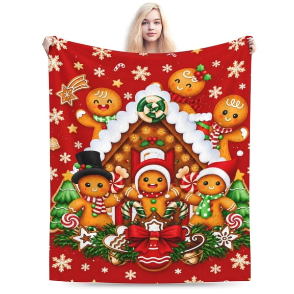 Christmas Throw Flannel Blanket Gingerbread Man Cozy Fuzzy Warm Candy Cane Throw Blanket 50x40