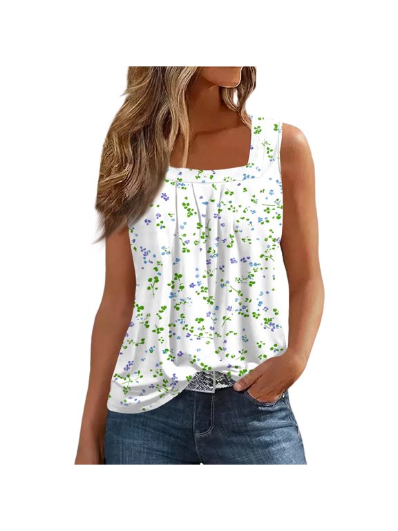 Camisole Tops for Women Casual Graphic Wide Shoulder Straps Slim Fit Square Neck Stretch Sleeveless Trendy Green Size L