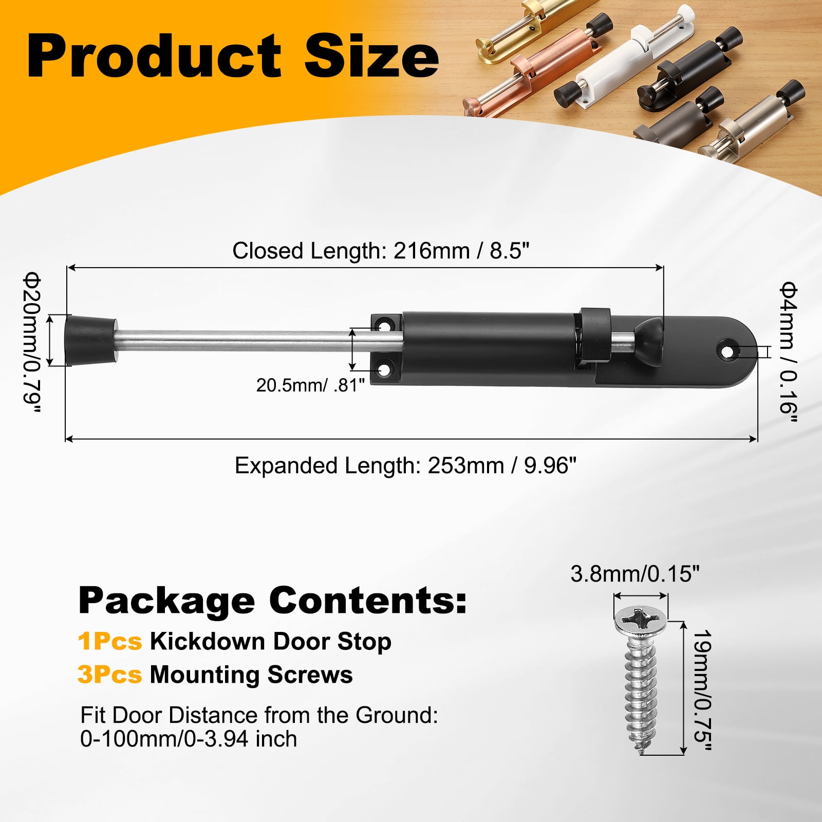 Uxcell Kickdown Door Stop, Zinc Alloy Spring Loaded Telescopic Step On/Off Adjustable Heavy Duty Foot-Operated Door Stop Holder for Ground Gap 0-100mm, Black