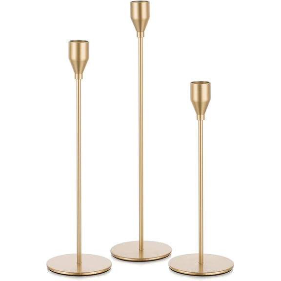Elegant Gold Taper Candle Holders Set of 3 Metal Stands for Wedding Decor