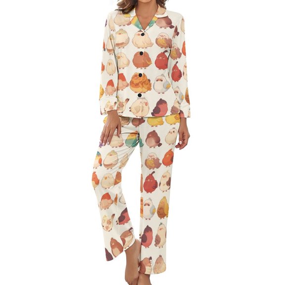 PoBuds Women's Long Sleeve Flannel Pajama Set Sleepwear Cute Bird Cartoon L