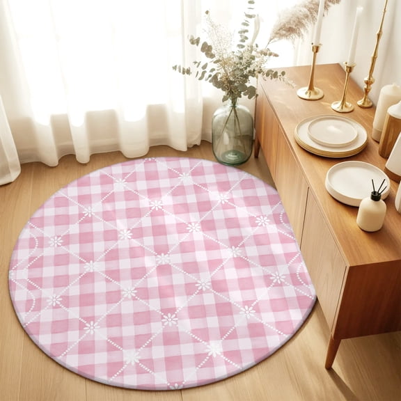 Round Rugs 3Ft, Pink Plaid Round Area Rug Washable Indoor Throw Carpet, Farmhouse Art Checkered Modern Small Non Slip Circle Rug for Bedroom Living Room Home Decor Aesthetic