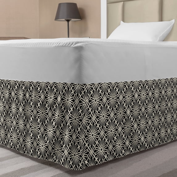 Moroccan Bed Skirt, Classic Continuous Floral Autumnal Floral Geometric Motifs Pattern, Elastic Bedskirt Dust Ruffle Wrap Around for Bedding Decor, 4 Sizes, Eggshell Charcoal Grey, by Ambesonne