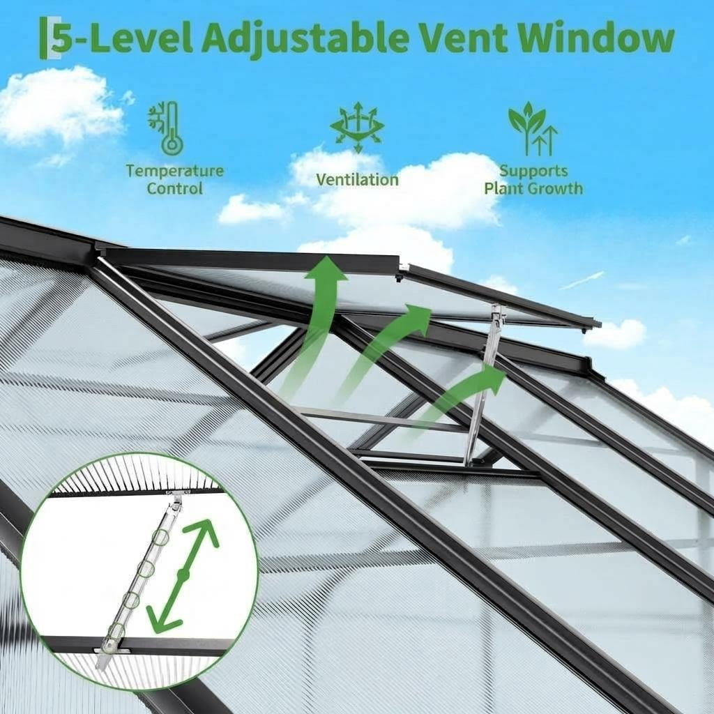 12x8ft Heavy Duty Walk-in Greenhouse, Aluminum Frame & Twin Wall Polycarbonate Panels, Ventilated with Rain Gutter System for Backyard & Patio Gardening