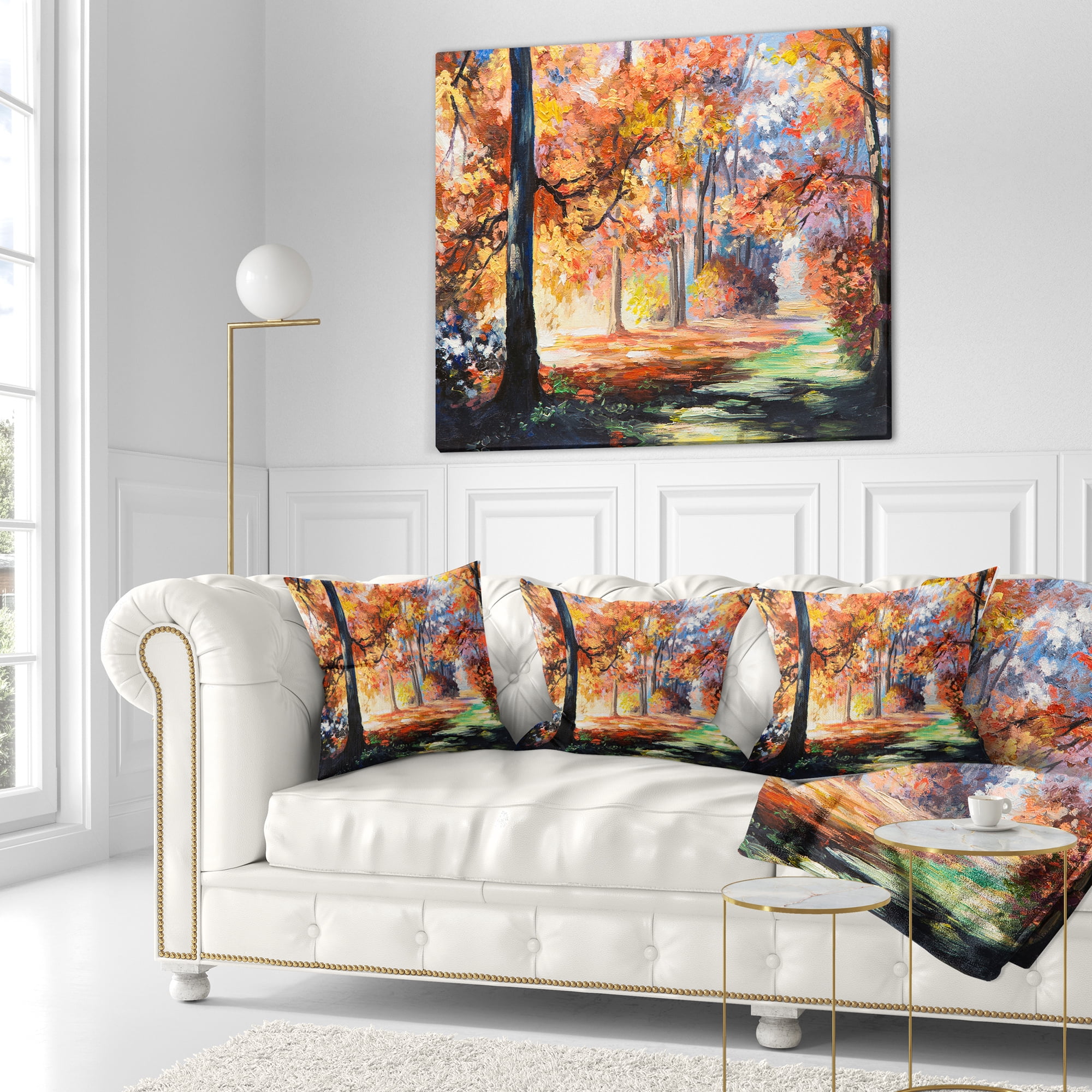 Designart Fall Trail in Forest - Landscape Printed Throw Pillow - 16x16