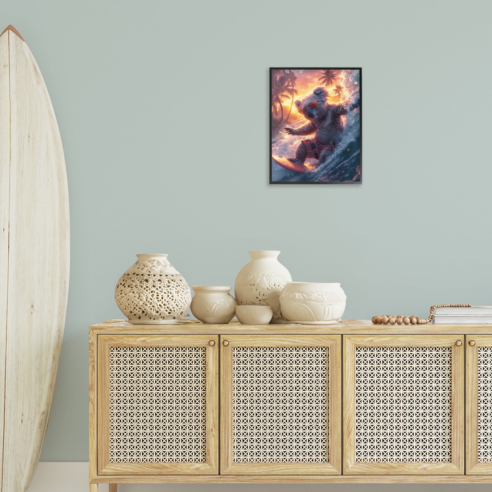Stupell Industries Surfing Tropical Koala Coastal Painting Black Framed Art Print Wall Art, 16 x 20