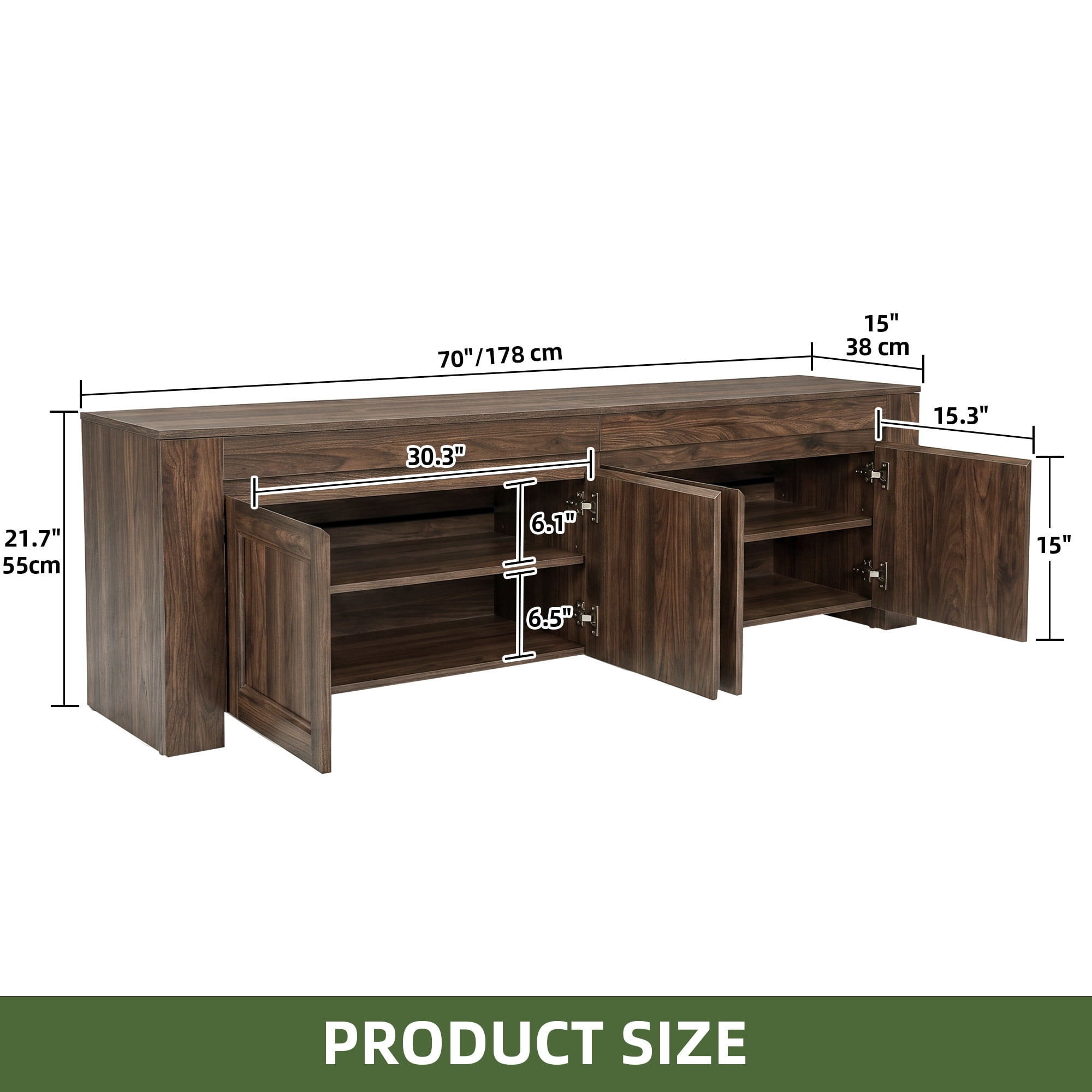 Uforic 70 Inch Modern Farmhouse TV Stand for Up to 80 Inch TVs with 4 Storage Doors & Inner Shelves for Living Room, Dark Walnut