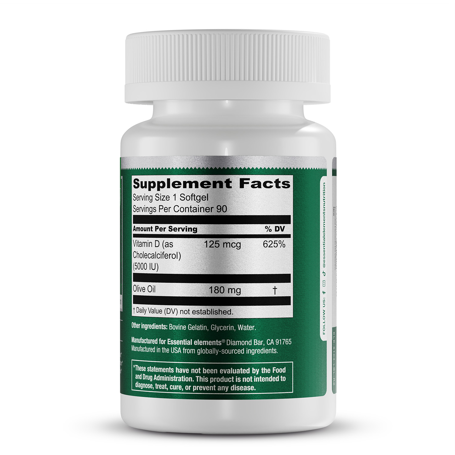 Essential elements Vitamin D3 5000 IU - Softgels with Olive Oil - Bone, Muscle, & Immune Support - 2 pack
