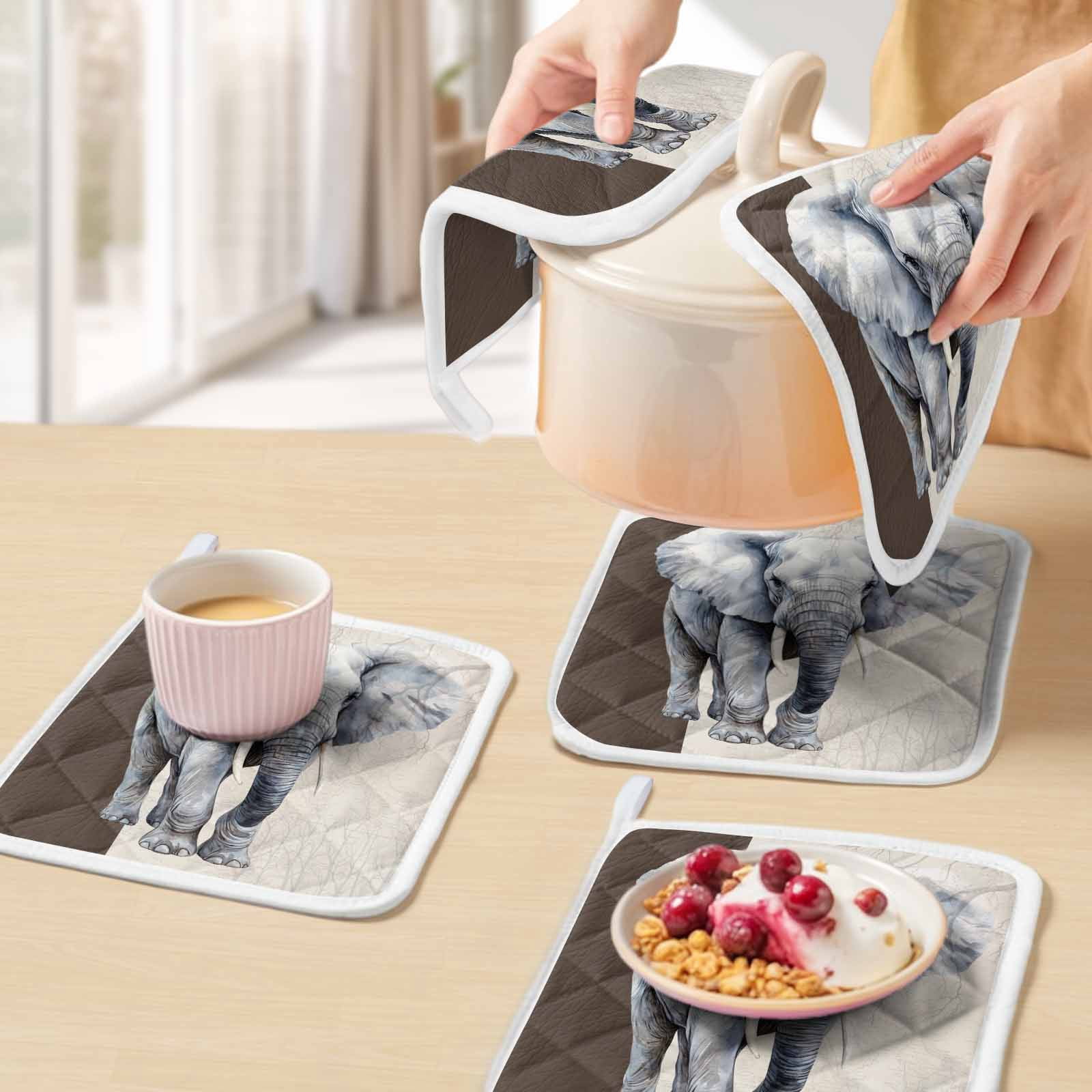 Vintage Elephant Pot Holders for Kitchen Heatproof Potholder, 3 Pack Modern Art Animal Watercolor Hot Pads Multipurpose Oven Pads Cloth Potholders Trivet for Cooking Baking