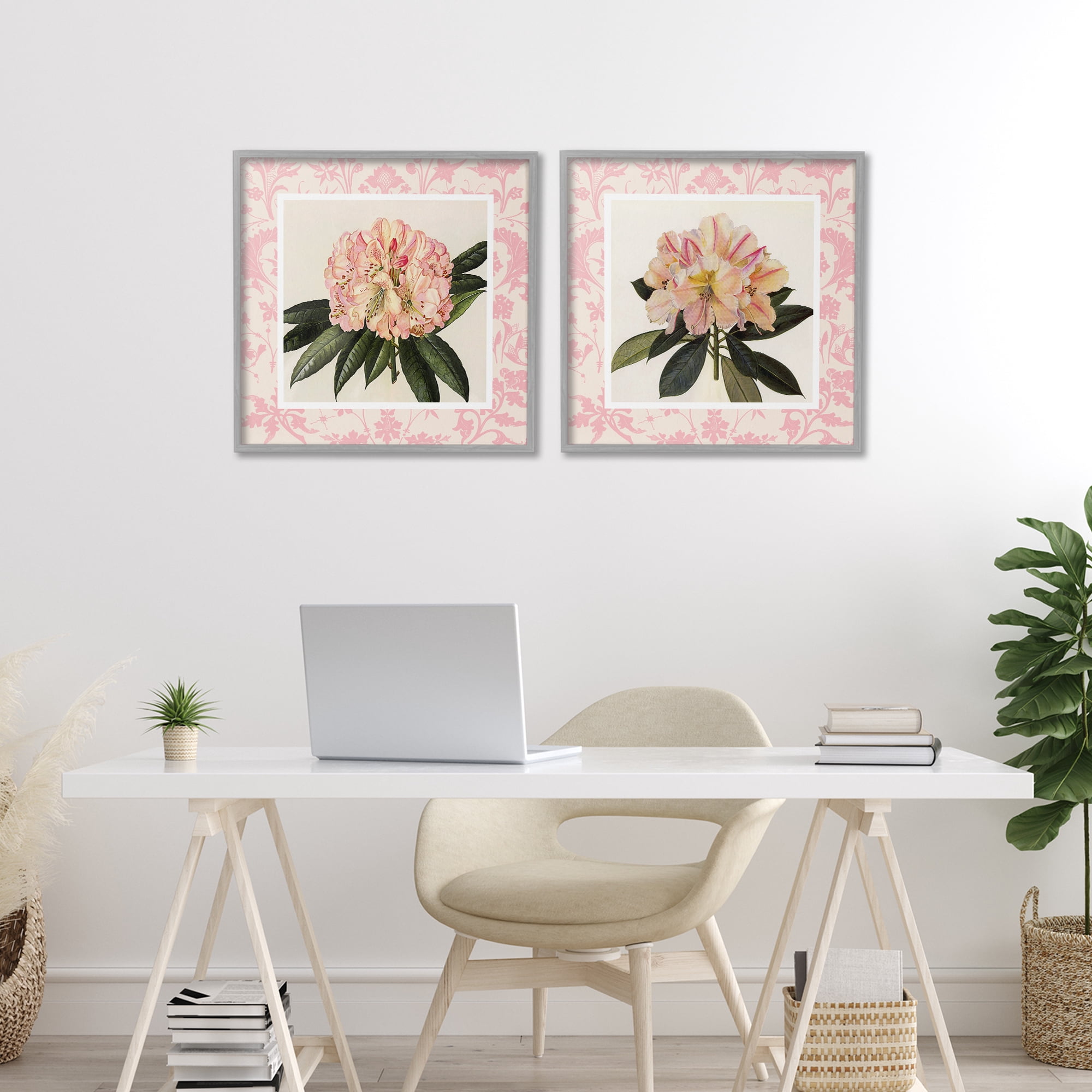 Stupell Industries Pink Vintage Pattern Botanicals 2 Piece Gray Framed Giclee Art Set, design by Livi Finn
