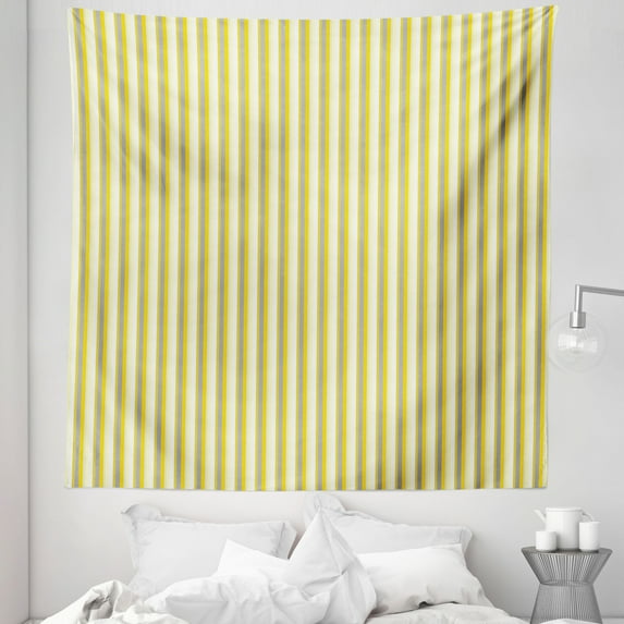 Yellow Tapestry, Classical Pattern with Vertical Stripes in Retro Style in Pastel Colors, Fabric Wall Hanging Decor for Bedroom Living Room Dorm, 5 Sizes, Yellow Grey Coconut, by Ambesonne