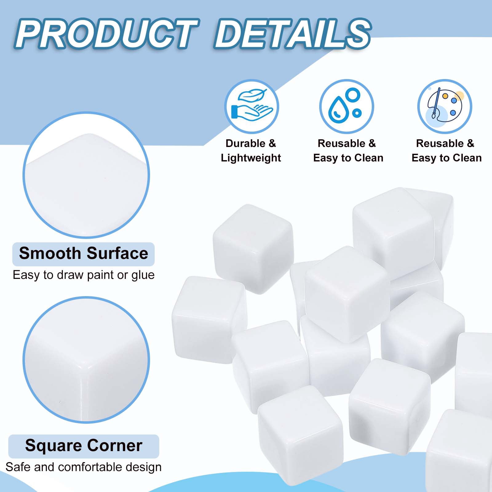 16 mm Acrylic Dice Blank, 100 Pcs Square Corner Blank Dice with Smoothed Surface Six Sided for Board, White