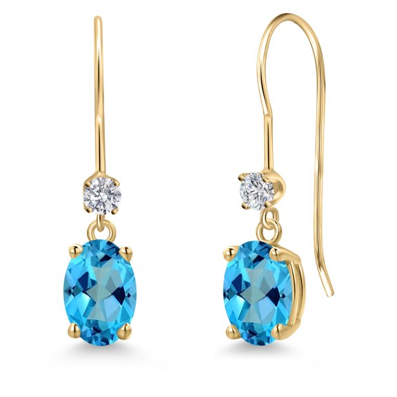 Gem Stone King 14K Yellow Gold American Blue Mystic Topaz and Lab Grown Diamond Earrings for Women | 2.13 Cttw | Gemstone November Birthstone | Oval 7X5MM