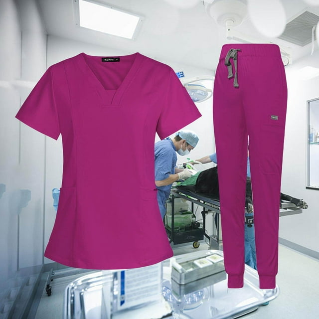 pitrice Ensemble de Gommage Femelle Infirmière v Encolure Machine Lavable Manches Courtes Costume M Rose Rouge
