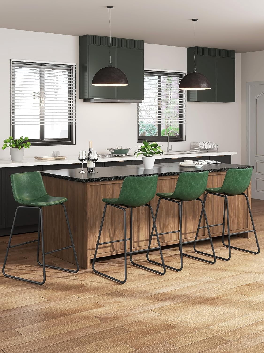 LainTene 26" Bar Stools Set of 2 – Faux Leather Counter Height Stools with Backrest & Footrest, Heavy-Duty Metal Frame for Kitchen, Bar, Living Room, Green