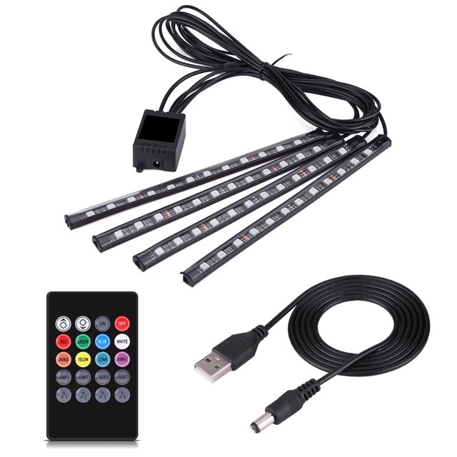 Luz de ambiente, 5 V, 4 x 12 SMD, luz RGB para interior de coche, luz para pies, aspecto llamativo
