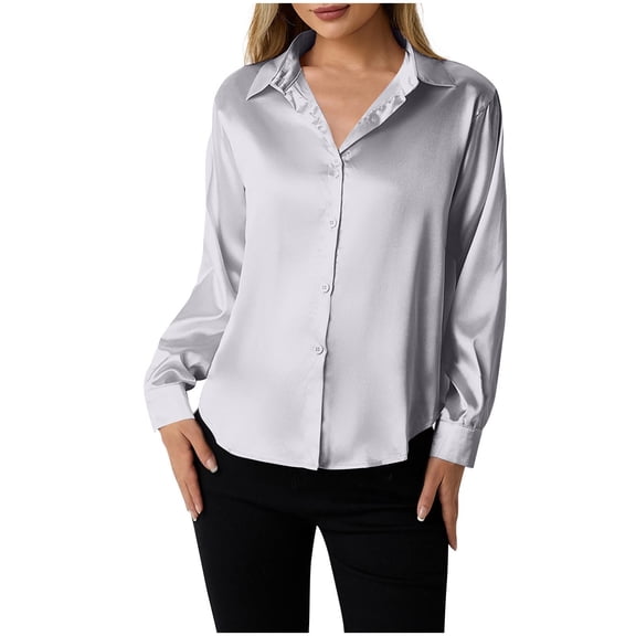 Idoravan Women'S Clothing Tops Casual Women's Casual Solid Color Comfortable Long Sleeved Button up Top Silk Blouse
