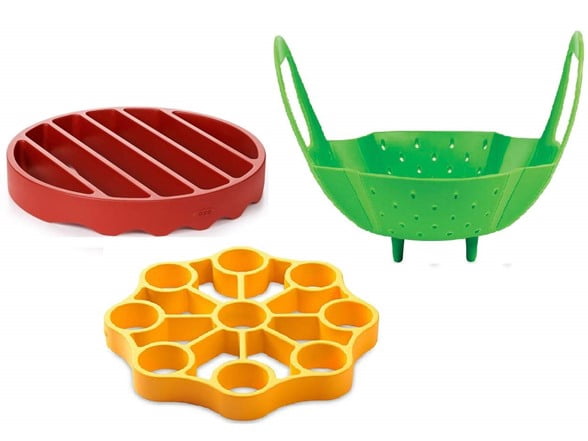 OXO Silicone Pressure Cooker Set – 3 Piece Egg Steamer Basket, Cooking Rack & Rack Handles – Red, Yellow, Green