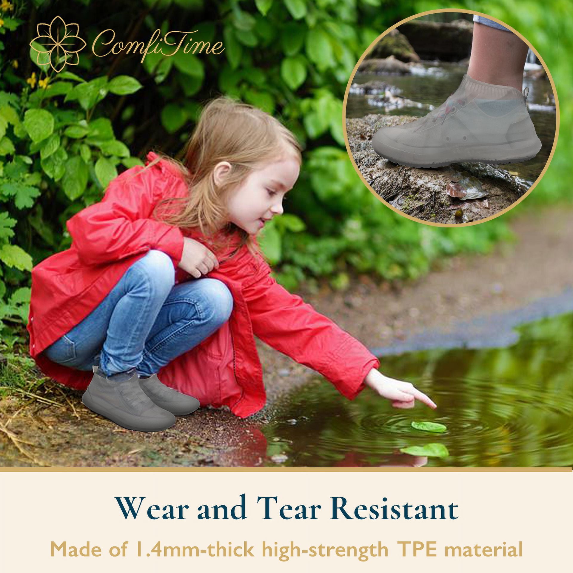 ComfiTime Waterproof Shoe Covers - Shoe Covers for Rain, Non-Slip TPE Rubber Material Stronger than Silicone, Durable and Reusable Shoe Protectors Covers for Men, Women and Kids Indoor/Outdoor