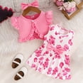 thumbnail image 2 of Toddler Baby Girls Outfits Sleeveless Floral Print Dress Ruffle Short Sleeve Coat Bow Headband Clothing sets, 2 of 4