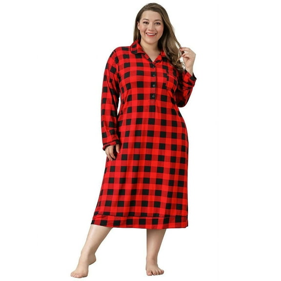 ebukurty Plus Size Nightgowns for Women Soft Long Sleeved with Pockets Red Checkered Nightshirts, Sizes 1XL-4XL