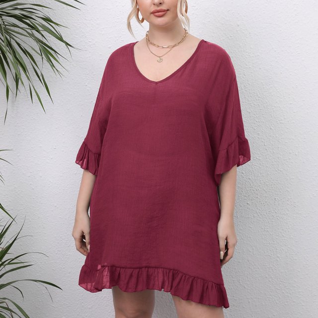 LOVZFMLL Womens Casual Plus Size Solid Short Sleeve Boho Dress Dress Wine L