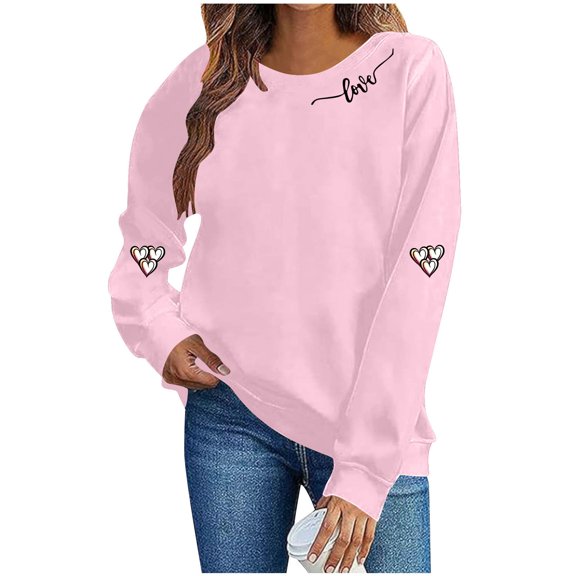 Womens Valentines Sweatshirt Love Print Heartbeat Shirt Solid Color Crew Neck Sweatshirt Casual Long Sleeve Tops Valentines Shirts for Women
