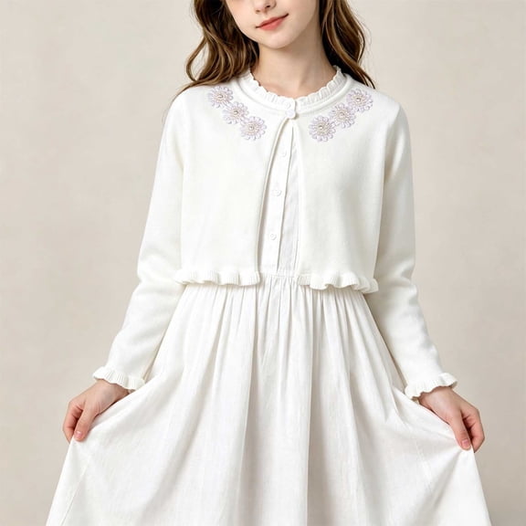 Kids Knitted Cardigan, Round Neck Long Sleeve Casual Sweater, Medium & Large Sizes For Boys & Girls White 1-2 Years