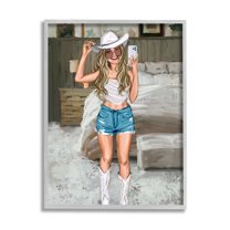 Stupell Industries Cowgirl Glam Selfie Beauty & Fashion Painting Gray Framed Art Print Wall Art, 16 x 20