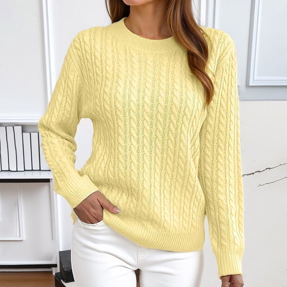 Womens Long Sleeve Crew Neck Pullover Sweaters Knit Loose Fit Yellow Sweaters Women Warm Women Fall Sweaters