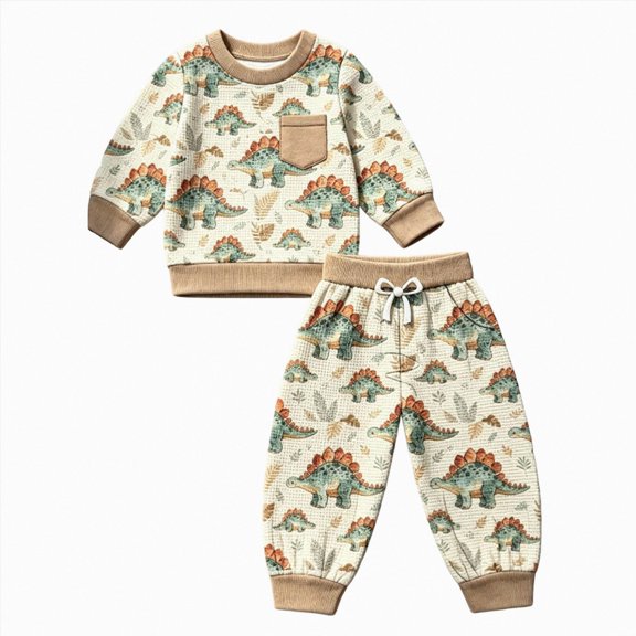 Enyan Toddler Boys Clothes Dinosaur Print 6 12 18 24 Months 3T 4T Outfits Long Sleeve Pullover Jogger Pant 2PC Sets(Beige)