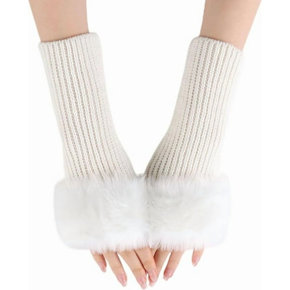 Winter Women Fingerless Gloves, Knitted Arm Warmers Hand Mittens, ThumbHole Faux Fur Wrist Short Cuff for Women
