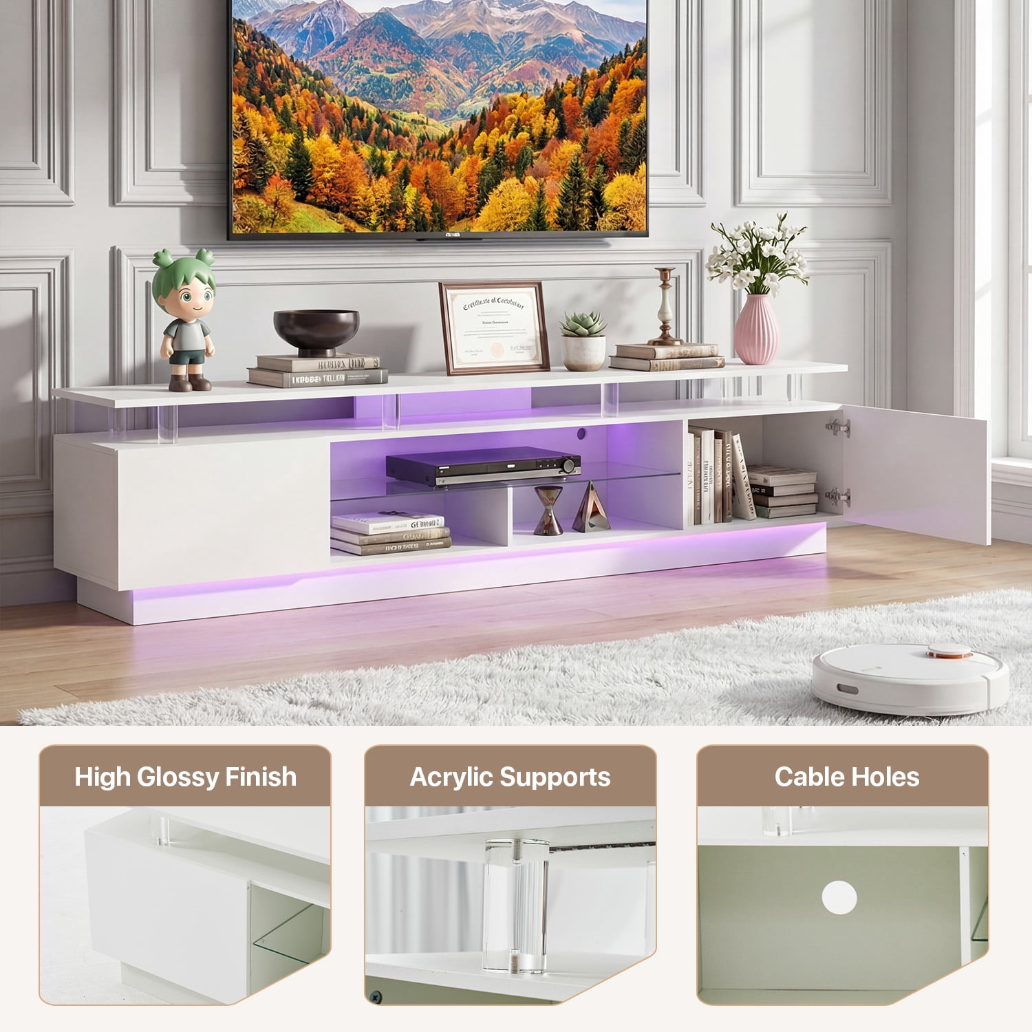 BaPiPro 80" LED Modern TV Stand for TVs up to 90", Entertainment Center TV Console with Music Sync LED for Living Room, White