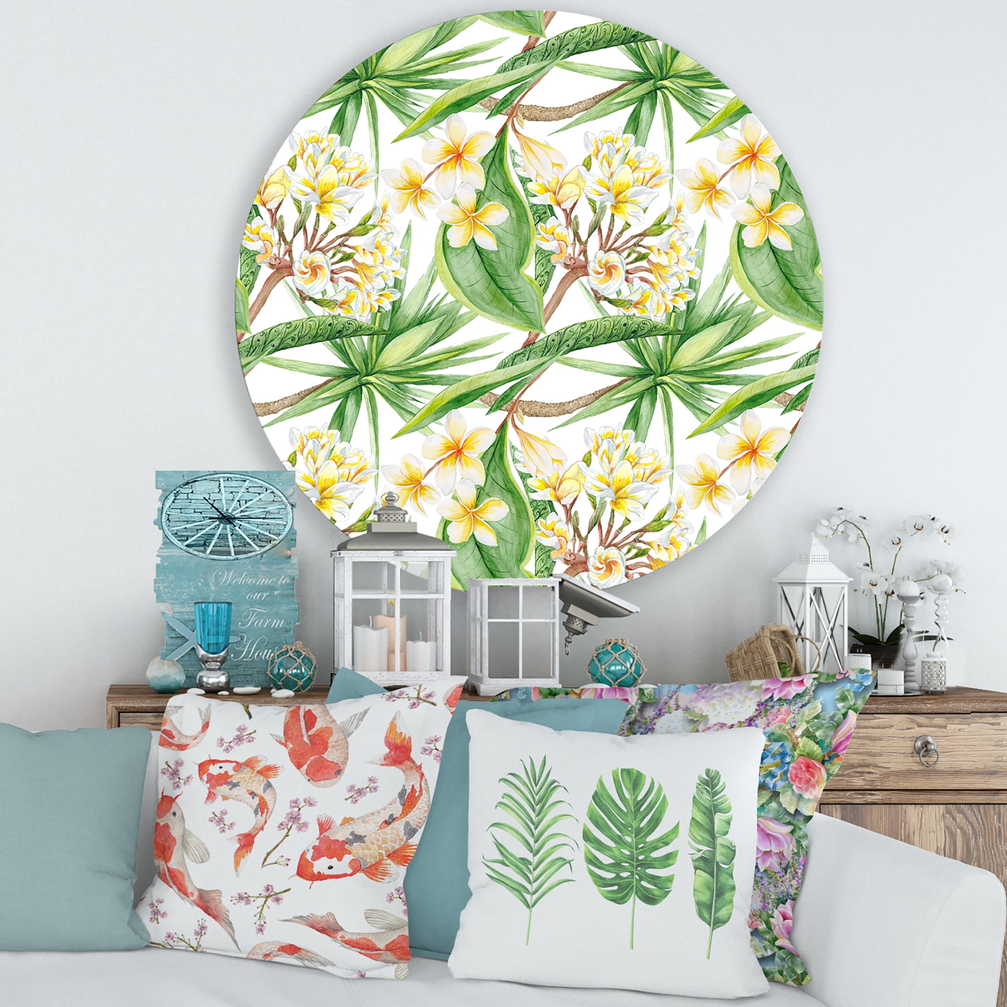 Designart 'Yellow Flowers and Tropical Foliage VI' Modern Circle Metal Wall Art 29x29 - Disc of 29
