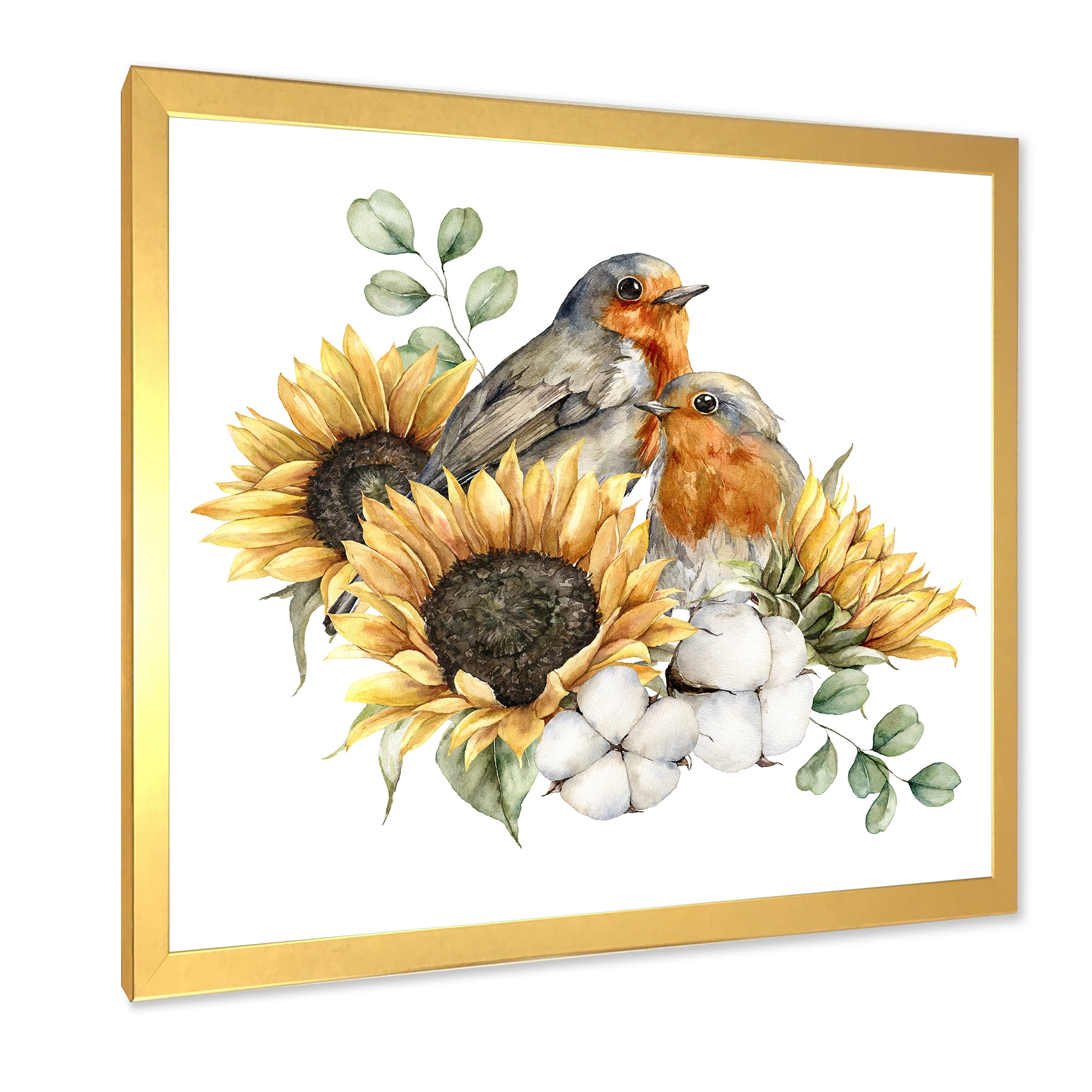 Designart 'Autumn Bouquet With Robin Redbreasts Sunflowers Cotton' Traditional Framed Art Print
