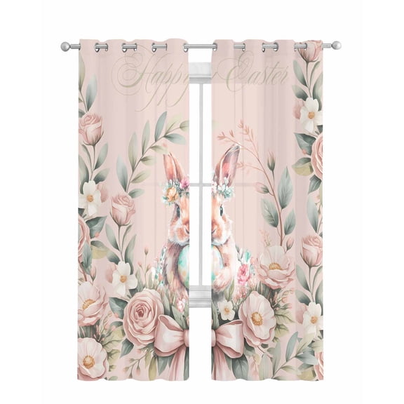 Easter Bunny Sheer Curtains 63 Inch Length 2 Panels Set for Living Room/Bedroom, Cute Pink Rabbit Rose Flowers Pastoral Botanical Kitchen Curtains Grommet Curtains Window Treatments 42"x63"x2